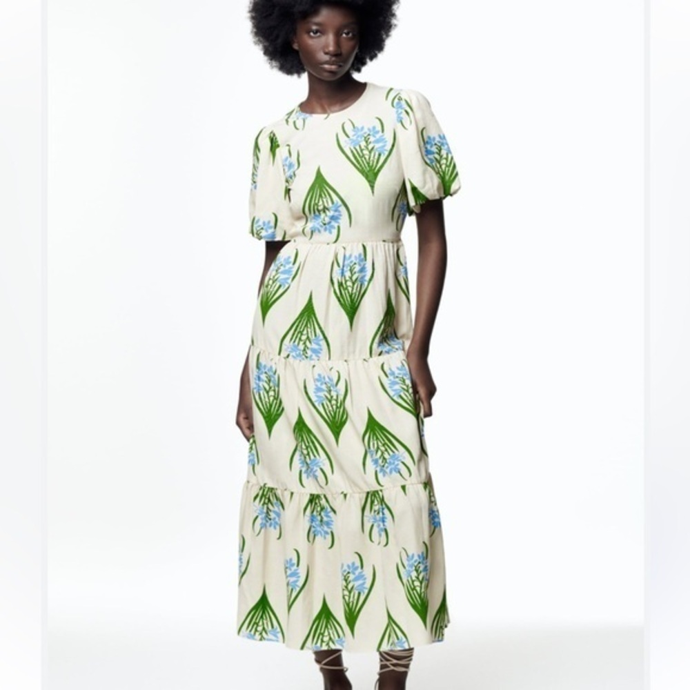 Zara Sofia Puff Sleeves Cream Maxi Dress Floral Design